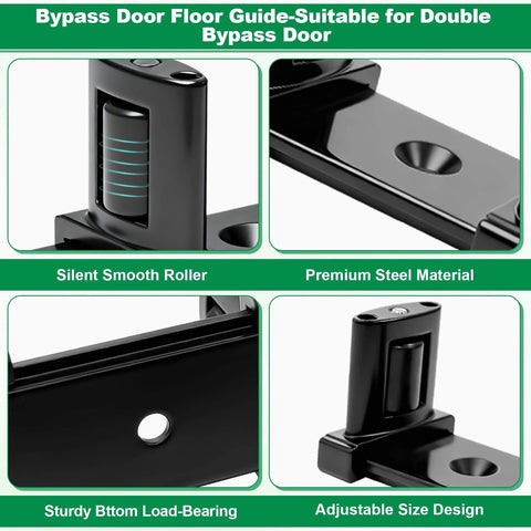 Three Roller Adjustable Sliding Closet Door Floor Guide Kit Black No-Squeak Glide for Bypass Doors