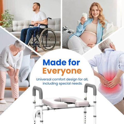 Collage showing use cases for Raised Toilet Seat With Handles For Seniors Cozy Padded Elevation Riser with ergonomic support.