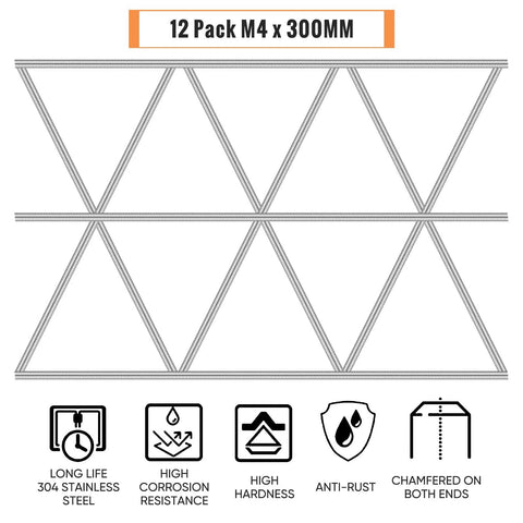 12-pack M4 x 300mm stainless steel threaded rods with hex nuts for garden stake projects