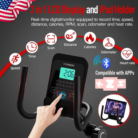 2 in 1 LCD display and iPad holder on Heavy Duty Magnetic Recumbent Exercise Bike For Home Gym, for tracking workouts.