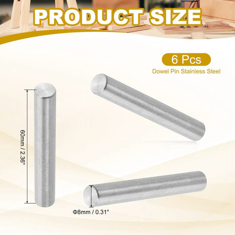 Tough As Nails 8mm X 60mm Stainless Steel Dowel Pins 6 Pack Heavy Duty view showing length and diameter for furniture builds.