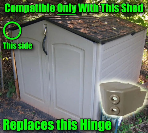 Hella Tough Steel Core Left Replacement Hinge For 6X5 Resin Shed Door Slide Lid, showing compatibility with specific shed design.