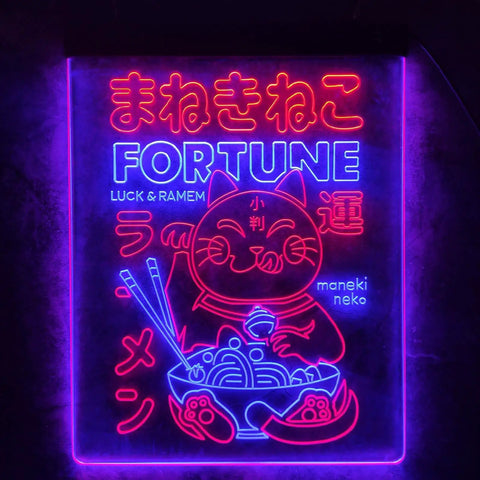 Maneki Neko Ramen Neon Sign With Dope Dual Color LED Lights, Japanese Anime Style 16x24 inches in red and blue glow