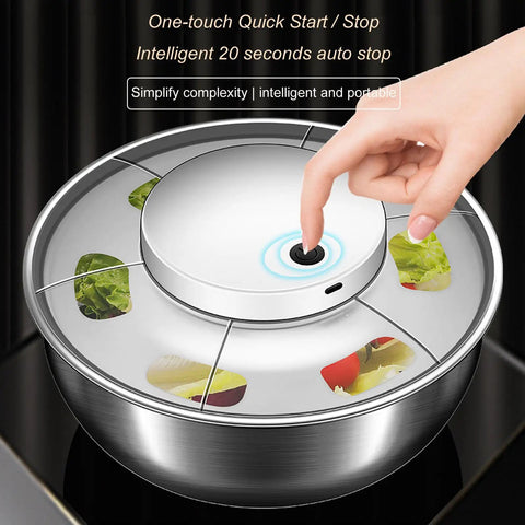 Kickass Electric Salad Spinner With Slick Usb Rechargeable Motor Stainless Steel Bowl For Crispy Greens And Fresh Fruit Hassle Free Cordless Kitchen Game Changer You Will Love with touch control and greens inside.