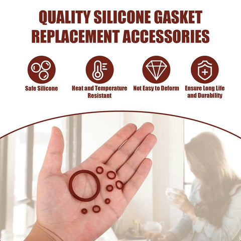 Hand holding 8 Pieces Silicone O Ring Seals Maintenance Kit For Fully Automatic Espresso Machines with icons of benefits.