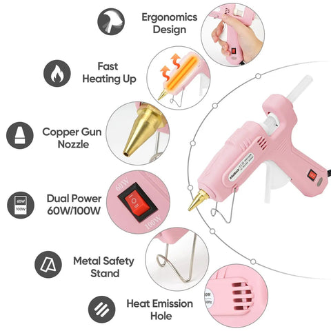 Full Size Dual Power Hot Glue Gun With 60W 100W Settings Preheats Fast For Pro Crafting DIY Jobs Includes 21 Glue Sticks And Storage Case Heavy Duty Pink pink dual-temp glue gun with copper nozzle, metal stand and heat vents