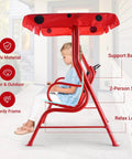Side view of child sitting on Two Seat Porch Swing With Adjustable Canopy And Stand, Kid Friendly Outdoor Swing Bench, with safety belts