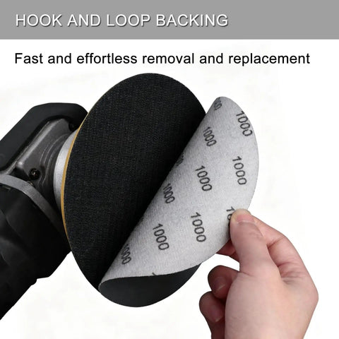 Close-up of 50 Pcs 5 Inch Hook And Loop Sanding Discs Set With 320 400 600 800 1000 Grit Pro Grade Wet Dry Sandpaper Assortment