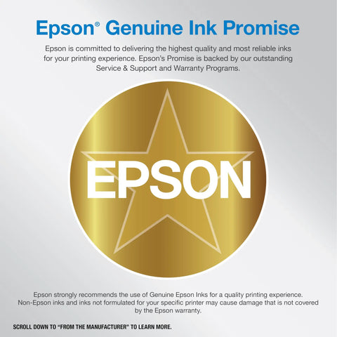 Gold seal with 'Epson' text, representing Epson Genuine Ink Promise for quality and support.