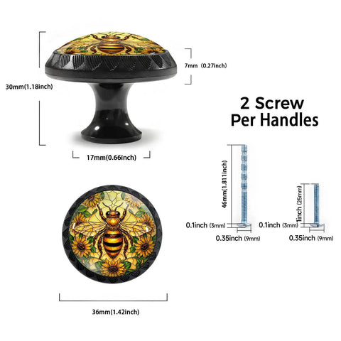 Boho Bee Pattern Cabinet Knobs 4 Pack With Stained Glass Sunflower Mosaic Kitchen And Bathroom Decor, side view dimensions