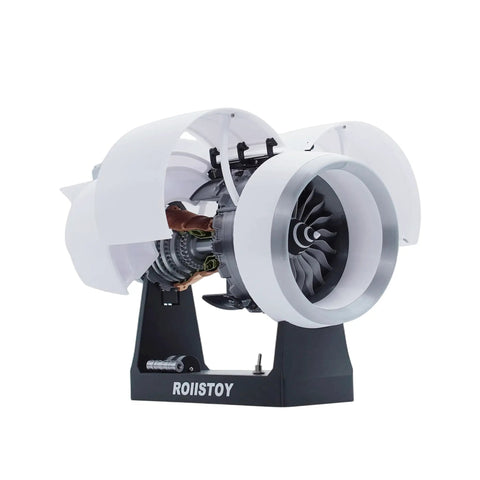 Massive Scale Turbofan Engine Building Kit With Ultra Complex Abundant Parts And Hyper Realistic Assembly on display stand.