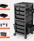 Six Drawer Rolling Salon Cart With Lockable Wheels 360 Degree Swivel Adjustable Divider Storage For Tools 33 Inch Tall Mobile Barber Station Hairdressing Equipment Cart On Swivel Casters Black with detailed diagram of dimensions.