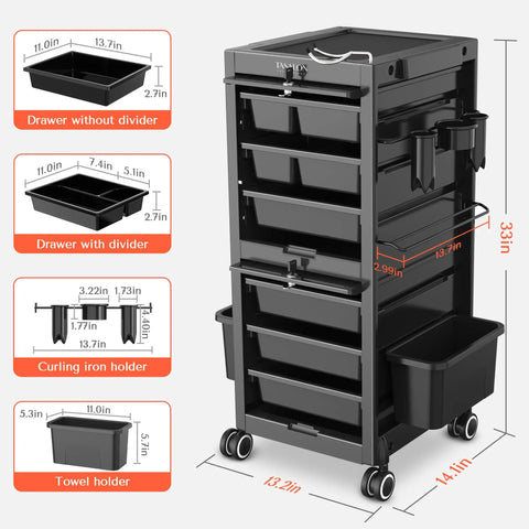 Six Drawer Rolling Salon Cart With Lockable Wheels 360 Degree Swivel Adjustable Divider Storage For Tools 33 Inch Tall Mobile Barber Station Hairdressing Equipment Cart On Swivel Casters Black with detailed diagram of dimensions.