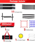 Package contents of 6x6 Ft Baseball Practice Net With 3 Targets including frame parts, net, strike zones, circular target, carry bag.