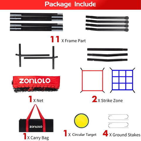 Package contents of 6x6 Ft Baseball Practice Net With 3 Targets including frame parts, net, strike zones, circular target, carry bag.