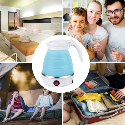 On The Go Portable Electric Kettle 600ml Foldable Tea Coffee Kettle With Collapsible Cup Set for travel, showing blue compact design.