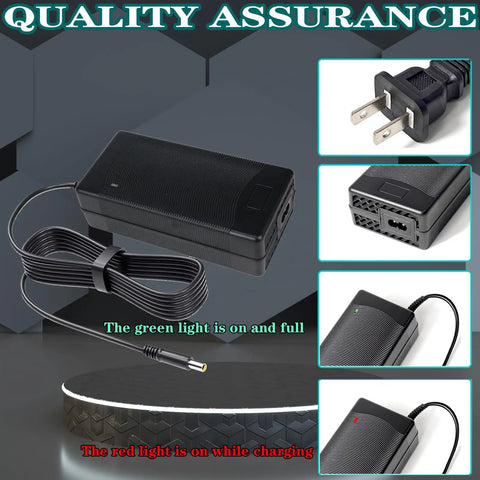 54.6V Charger For Haze Battery Pack, black with copper core, fireproof shell, shown on a modern background, plug and lights visible.