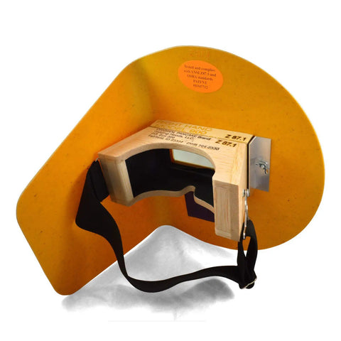 Back view of Pancake Style Welding Hood Helmet With Strap For Right Handed Welders, Handcrafted Wood Face Shield visible
