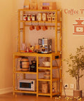 Bakers Rack With Power Outlets And Eight Tier Microwave Stand Bamboo Kitchen Storage Shelf With Ten S Shaped Hooks Coffee Bar Table Station Standing Rack 65 Inches Tall 31.5 By 15.7 Inches displaying coffee accessories and decor.