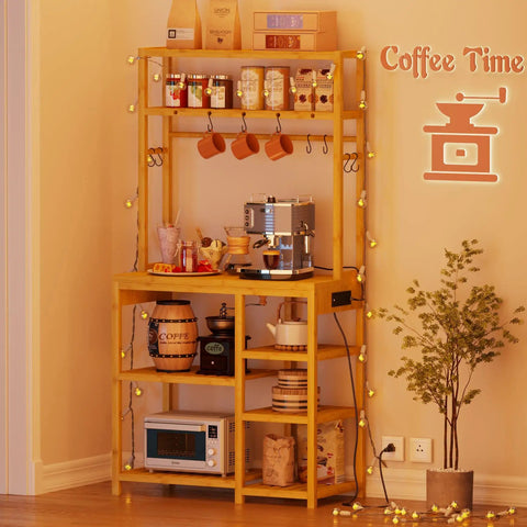 Bakers Rack With Power Outlets And Eight Tier Microwave Stand Bamboo Kitchen Storage Shelf With Ten S Shaped Hooks Coffee Bar Table Station Standing Rack 65 Inches Tall 31.5 By 15.7 Inches displaying coffee accessories and decor.