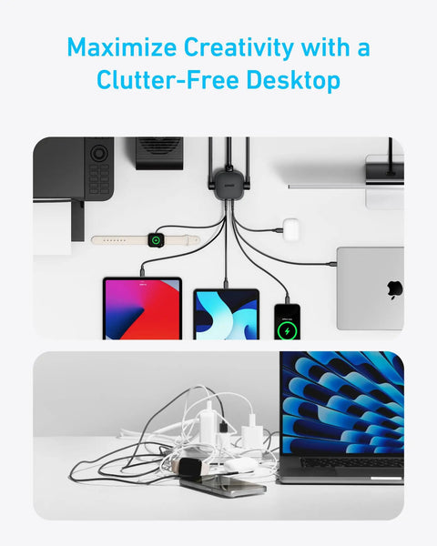Nine In One Desktop Power Strip That Powers All Your Gadgets With 300J Surge Flat Plug shown organizing multiple devices neatly.