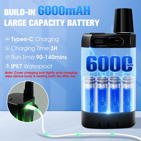 Close-up of 6000mAh battery component of All In One Portable Shower With Heater For Camping And Hiking, waterproof design.