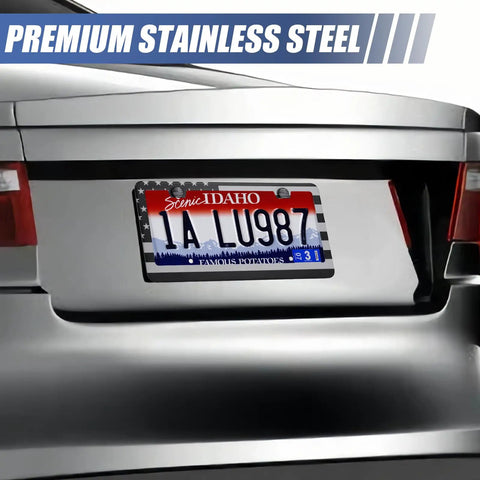 2 Pack Stainless Steel License Plate Frames With Screw Caps on grey car trunk, rustproof all weather protection