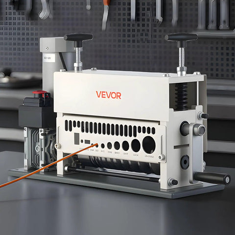 Electric Wire Stripper Workhorse with 11 feed channels, automatic and manual modes, visible on a workshop table; 370W motor, Emergency Stop