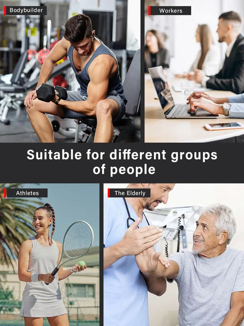Collage showing bodybuilder, office workers, athlete, and elderly in different activities, captioned suitable for different groups.