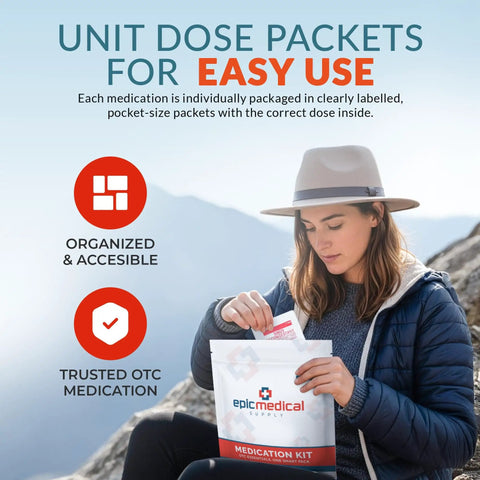 Woman with 70 Unit Dose Medication Refill Pack For First Aid Kits Grab And Go Travel Office Dorm Camping Essential OTC Meds