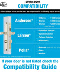 Compatibility guide for Serenade Mortise Keyed Lever Lock Set with various storm door brands and series listed