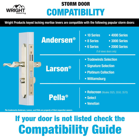 Compatibility guide for Serenade Mortise Keyed Lever Lock Set with various storm door brands and series listed