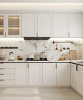 Modern kitchen with 10 Pack Black Cabinet Pulls 3 Inch Aluminum Alloy Edge Finger Pull Dresser Drawer Handles installed on white cabinets.