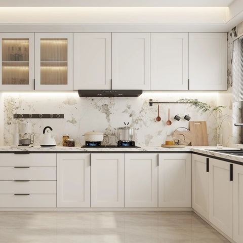Modern kitchen with 10 Pack Black Cabinet Pulls 3 Inch Aluminum Alloy Edge Finger Pull Dresser Drawer Handles installed on white cabinets.