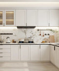 Modern kitchen with white cabinets featuring 30 Pack 5 Inch Black Cabinet Handles Finger Pulls For Doors And Drawers Aluminum Alloy Hardware