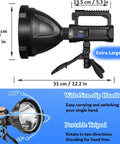 Ultra Bright Rechargeable Spotlight For Outdoors Hella Bright Handheld Flashlight With Long Range Beam Up To 1500 Meters Four Light Modes USB C Quick Charge IPX5 Waterproof Rugged Battery Powered Searchlight on tripod with dimensions and features displayed