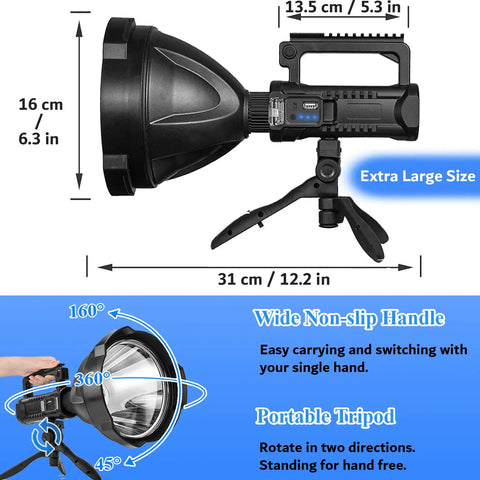 Ultra Bright Rechargeable Spotlight For Outdoors Hella Bright Handheld Flashlight With Long Range Beam Up To 1500 Meters Four Light Modes USB C Quick Charge IPX5 Waterproof Rugged Battery Powered Searchlight on tripod with dimensions and features displayed