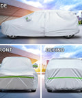 Universal 6 Layer Car Cover For SUVs Up To 190 Inches, side, front, and behind views, with all weather waterproof and UV proof features.