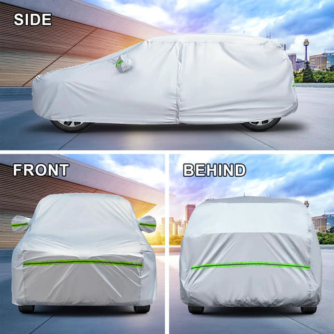 Universal 6 Layer Car Cover For SUVs Up To 190 Inches, side, front, and behind views, with all weather waterproof and UV proof features.