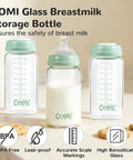 Knock Out Wide Neck Glass Breastmilk Bottles Two Pack With Secure Screw Ring And Removable Marking Lid Bpa Free, showcasing clear glass with green lids.