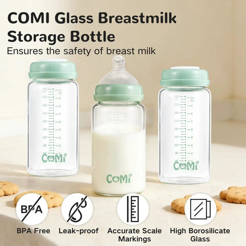 Knock Out Wide Neck Glass Breastmilk Bottles Two Pack With Secure Screw Ring And Removable Marking Lid Bpa Free, showcasing clear glass with green lids.