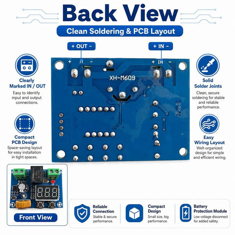 12V to 36V DC Low Voltage Cutoff Module With Programmable Battery Protector And LED Display, Plug And Play Ready Low Voltage Disconnect Switch For 12V 24V 36V Solar, RV, Car, And Boat Battery Systems, 2 Pack back view PCB