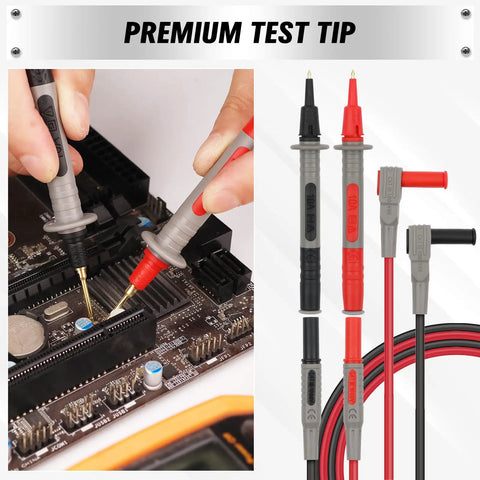 27 Piece Multimeter Test Leads Set With Alligator Clips And Needle Probes, CAT III 1000V CAT IV 600V, being used on circuit board