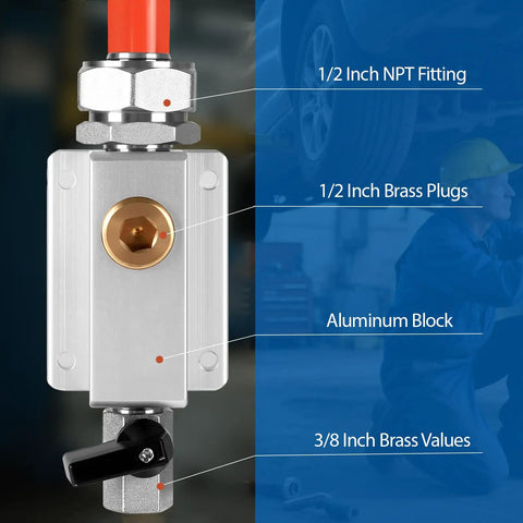 Three Quarter Inch HDPE Aluminum HDPE Air Tubing Kit For Air Compressors with labeled aluminum block and brass fittings.