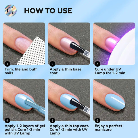 Six Pastel HEMA Free Gel Nail Polish Set With Beige, Light Purple, Cream, Light Green, Mint, And Baby Blue application steps