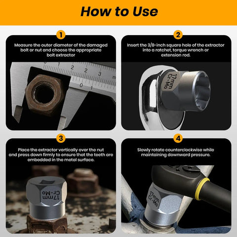 How to use Impact Bolt And Nut Remover Set Pro Grade Fourteen Piece Bolt Extractor Tool Kit For Stripped Damaged Frozen Rusted Nuts And Screws