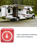Three Position 300 Amp Dual Circuit Battery Disconnect Switch Isolator With Rotary Actuator For Marine Boats RVs Cars Trucks Trailers shown with an RV in the background.