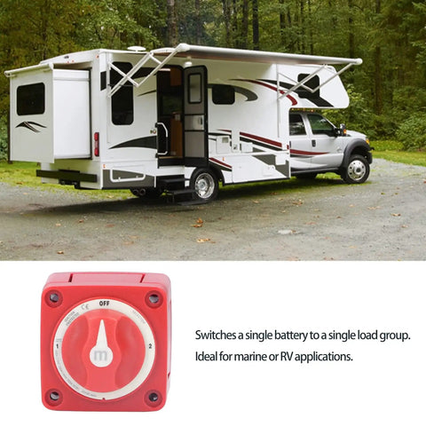 Three Position 300 Amp Dual Circuit Battery Disconnect Switch Isolator With Rotary Actuator For Marine Boats RVs Cars Trucks Trailers shown with an RV in the background.