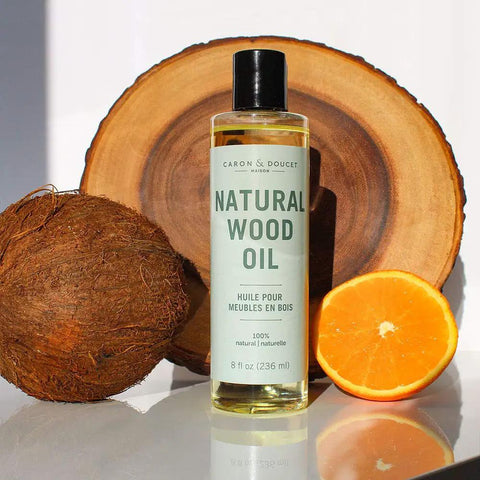 Natural Wood Conditioning Oil With Coconut Oil For Natural Furniture Care Orange Scent 8 Oz 100 Percent Plant Based Petrochemical Free Safe On Raw Waxed Or Oiled Wood Finishes bottle with coconut and orange