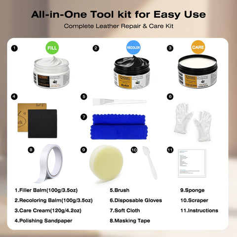 Image of All In One Leather Repair Kit With Recoloring Balm Filler And Conditioning Cleaner For Sofas Car Seats Jackets Purses Shoes